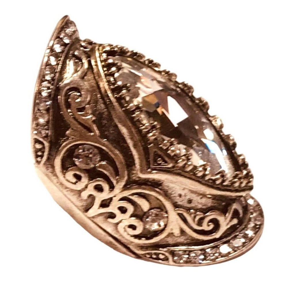 Western Style Full Finger Knuckle Joint Stretch Ring Silver Tone and Rhinestone - Picture 5 of 8